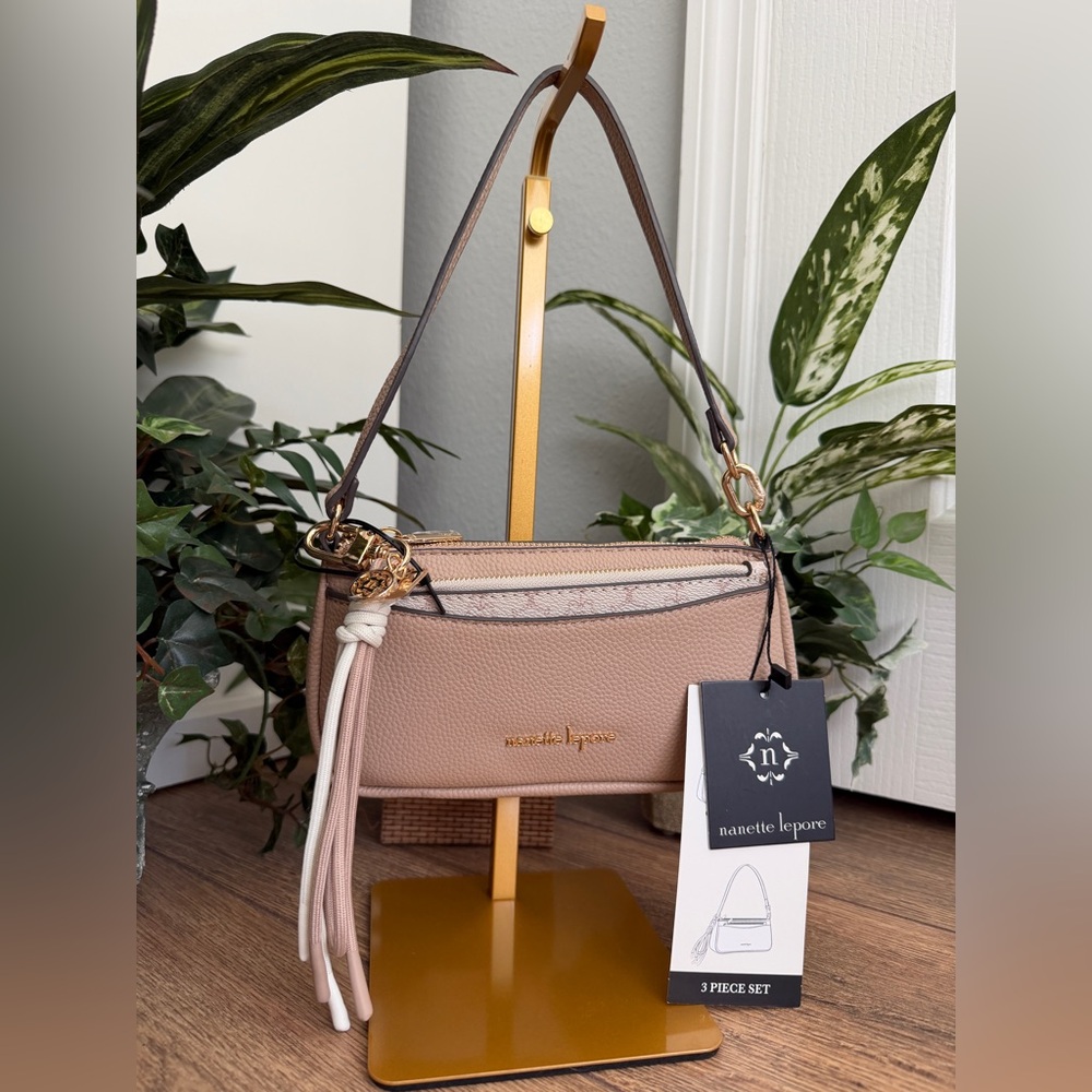 Nanette Lepore Margeaux 3 Pc. Vegan Leather Tan Convertible Wristlet w/Bag Charm